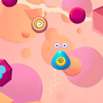 Colorful abstract illustration featuring a blue character with a spiral design, surrounded by various geometric shapes and colorful spheres against a soft pastel background. Ideal for gaming or creative design themes.